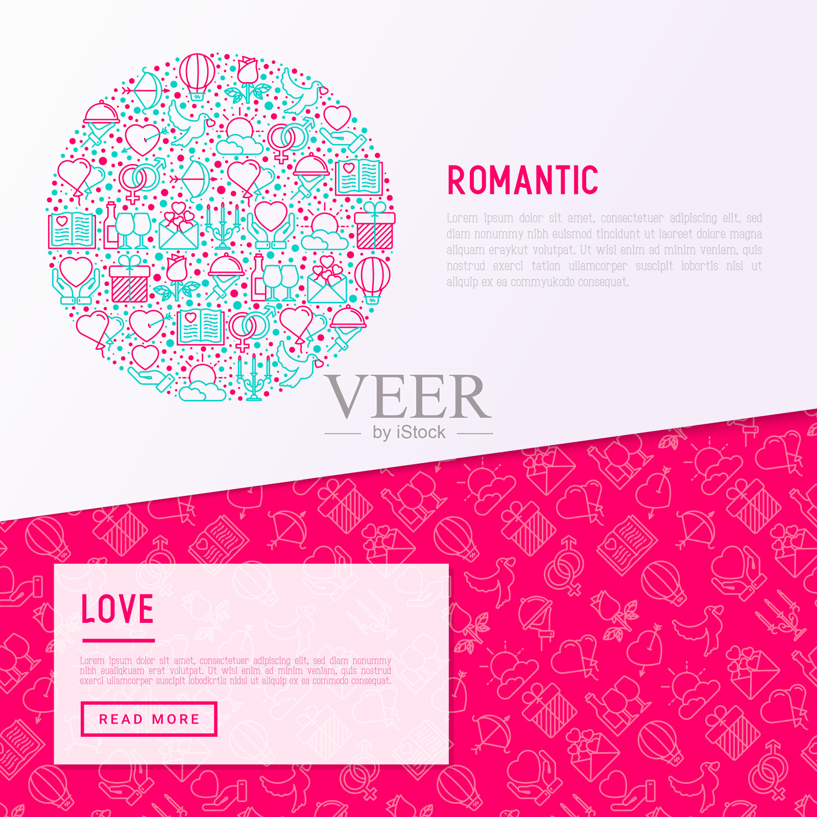 用细线圈出的浪漫概念，与约会、蜜月、情人节有关。现代矢量插图，网页模板关于情人节。设计模板素材
