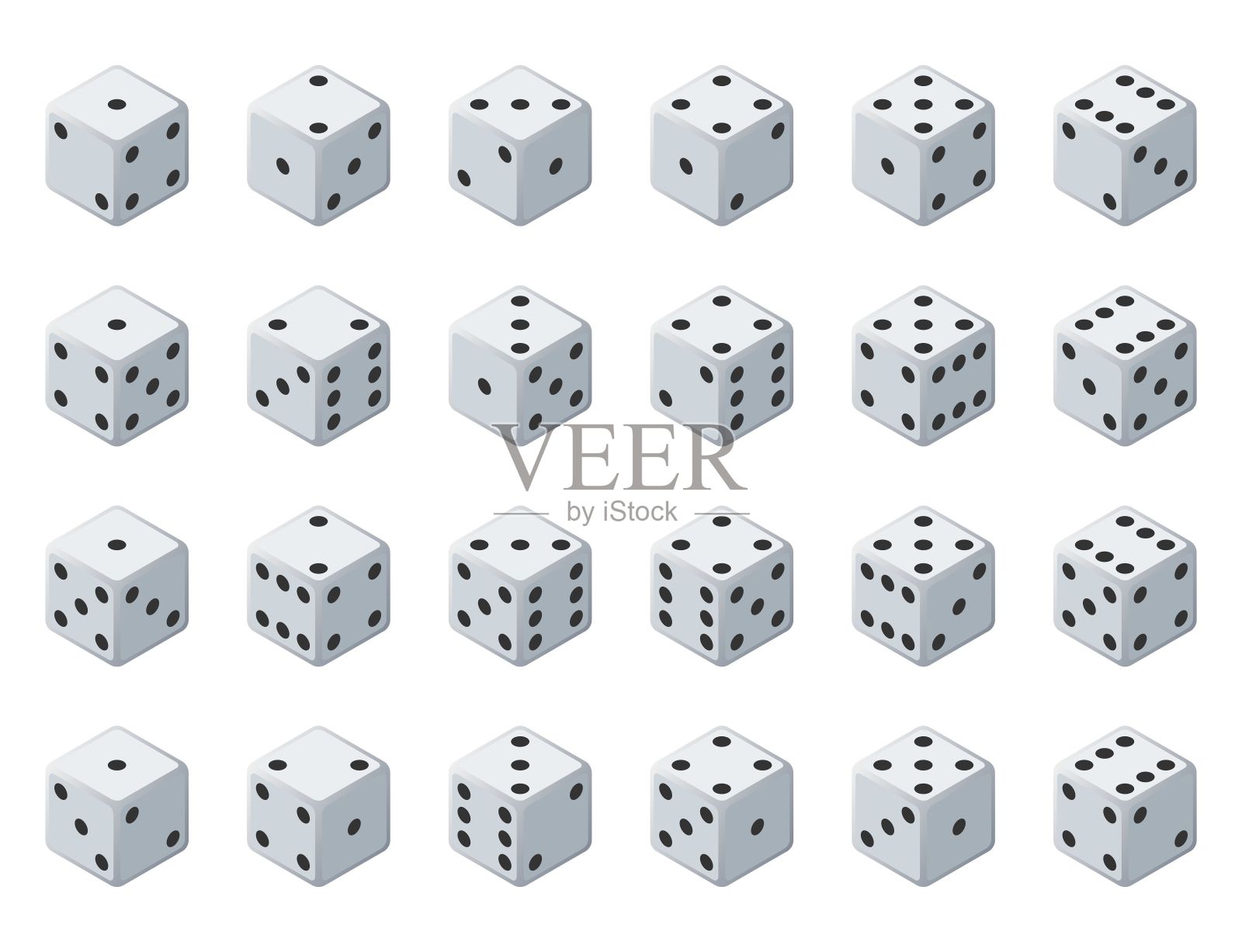 设置24个真实的骰子图标在所有可能的回合。24种变体损失骰子。白色游戏方块孤立在白色背景。桌面游戏的骰子在3D视图。向量等距插图图标素材