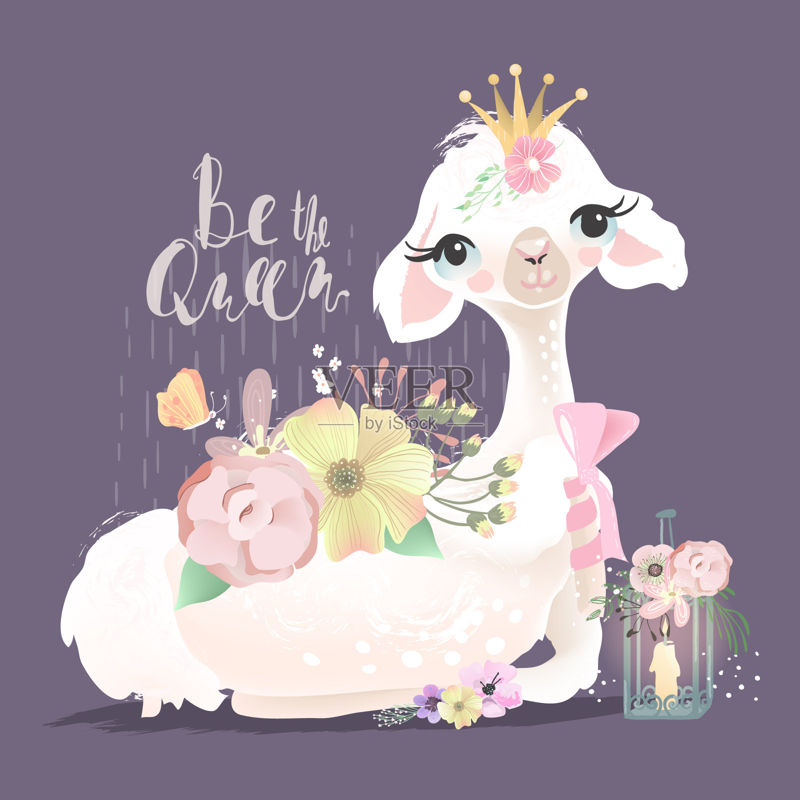 美丽可爱的羊驼，带着美丽花朵的羊驼插画图片素材
