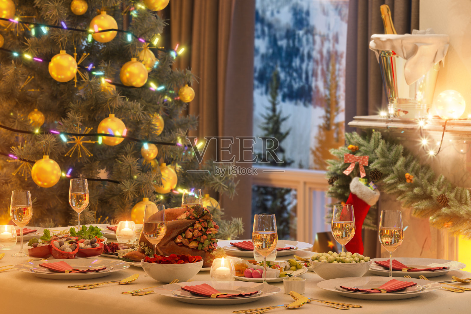 圣诞家庭餐桌的3d插图。明信片或海报上的图像带有壁炉的室内设计照片摄影图片
