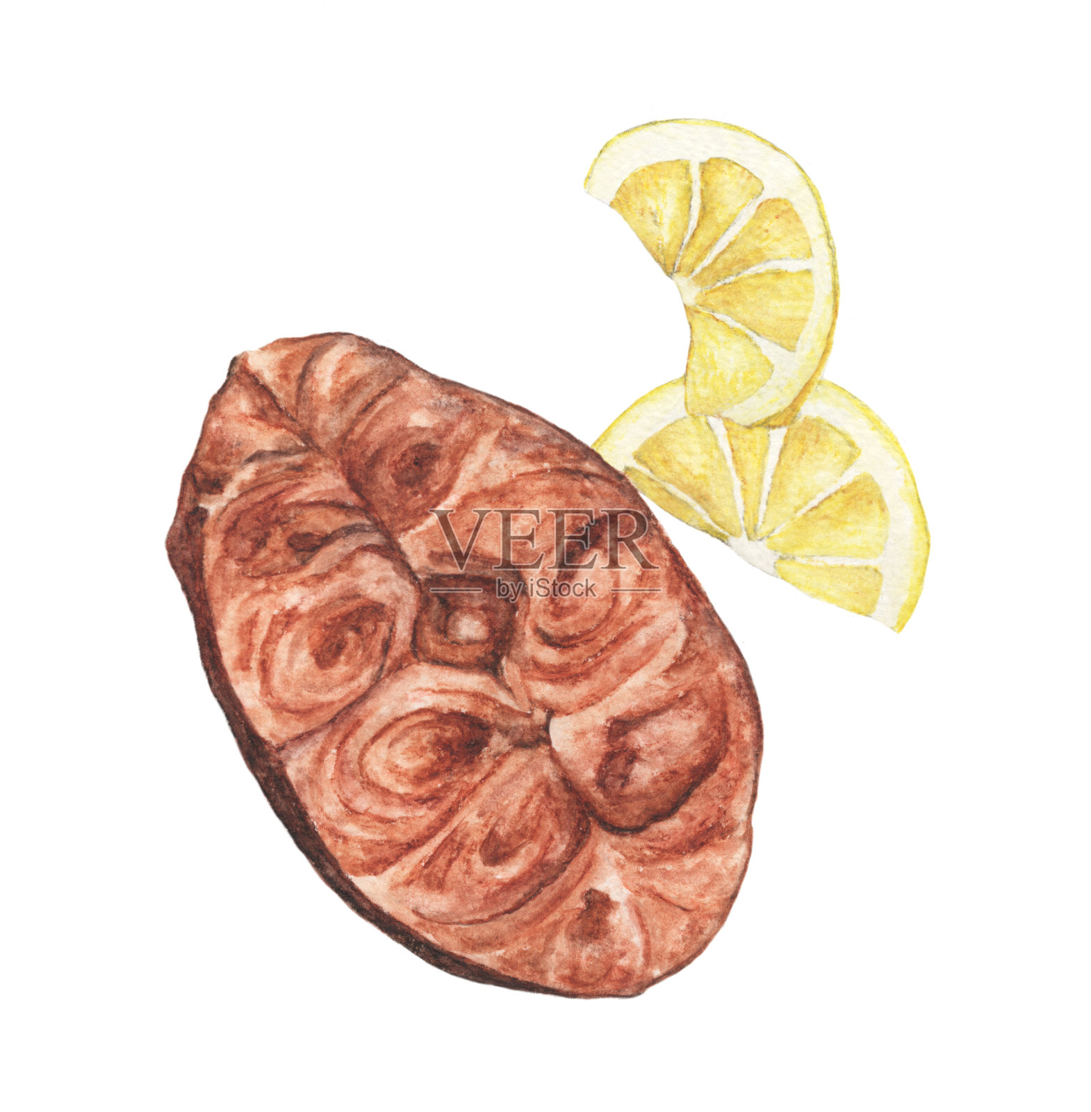 烤三文鱼与柠檬孤立在白色背景。菜单。食物的水彩插图。设计元素图片