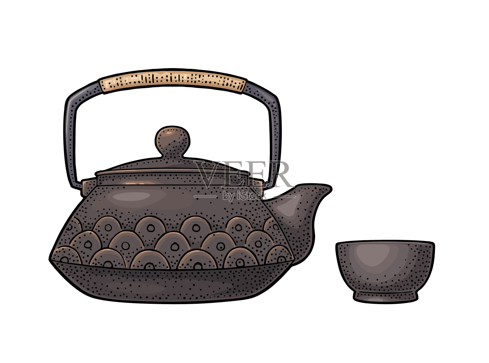 传统的亚洲壶，有图案和杯子。向量的雕刻插画图片素材