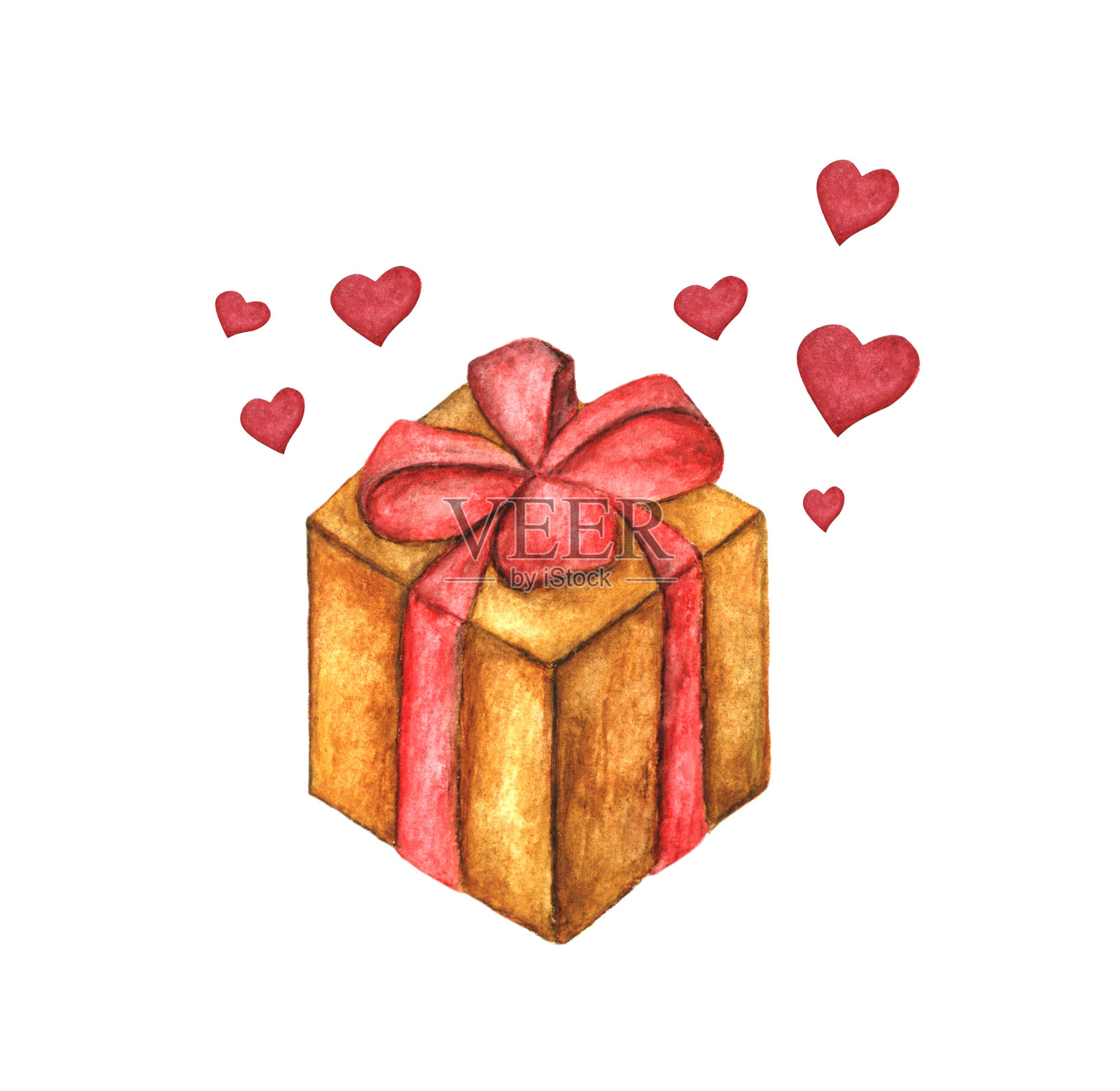有红色丝带和心形的盒子。水彩插图，情人节手绘艺术礼盒设计元素孤立的白色背景。插画图片素材