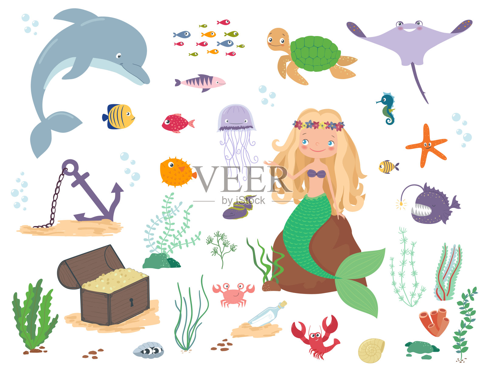 美人鱼、海洋动物和海草。卡通矢量图设计元素图片