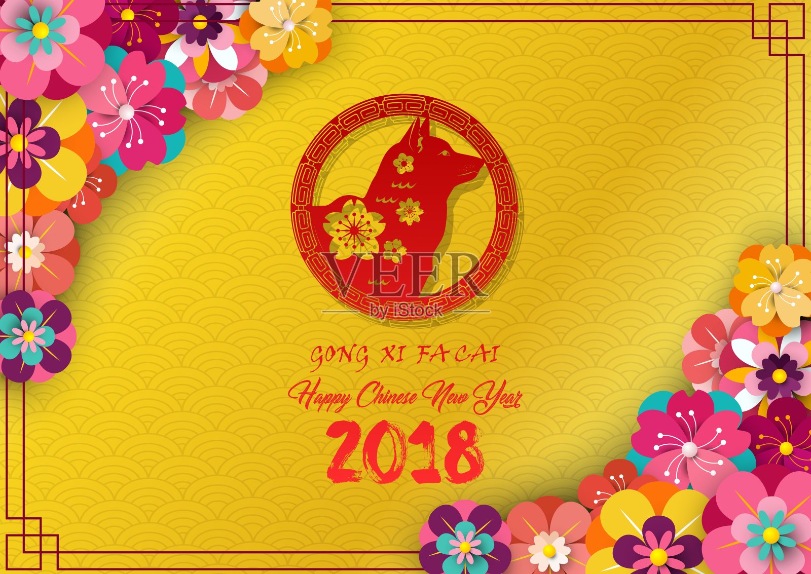 2018年中国新年贺卡，红色狗在框架和盛开的花朵在金色图案背景设计模板素材