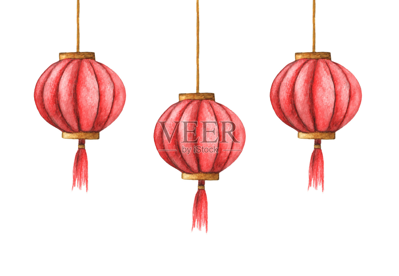 手绘水彩画的中国灯笼孤立在白色的背景。中国红的灯光插画图片素材