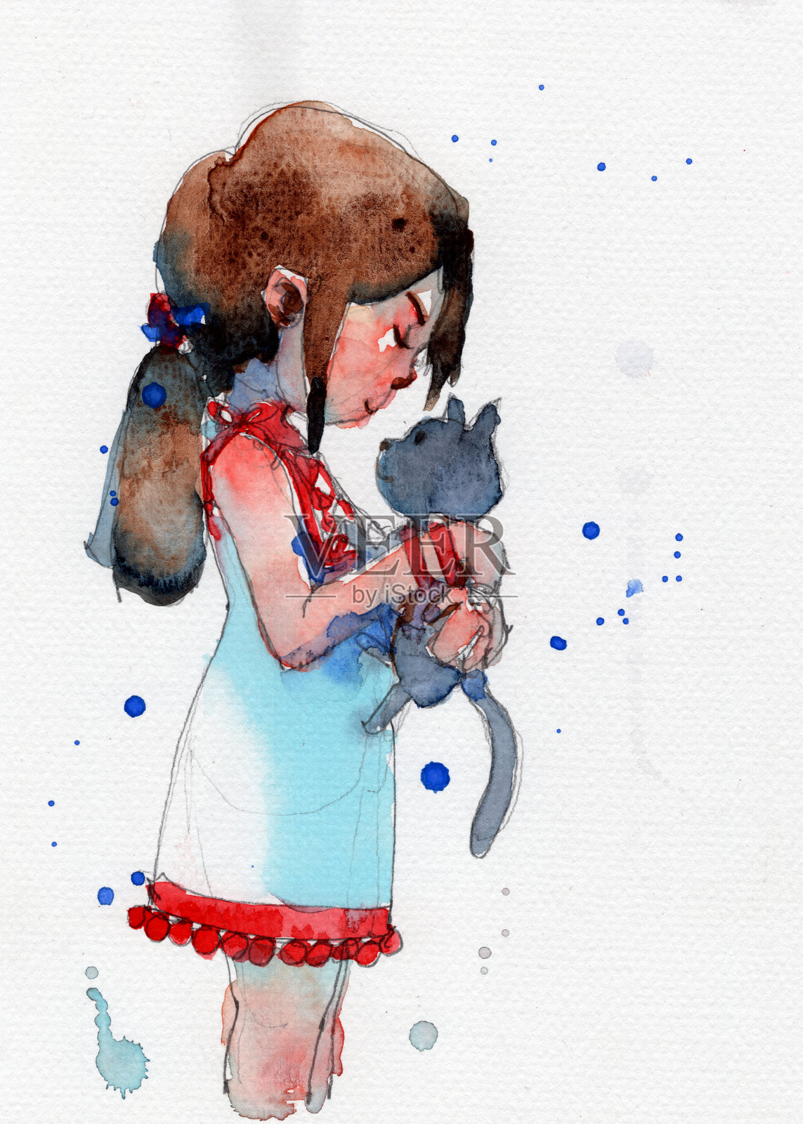 水彩画插图的女孩在白色苗族服装，手绘在纸上插画图片素材