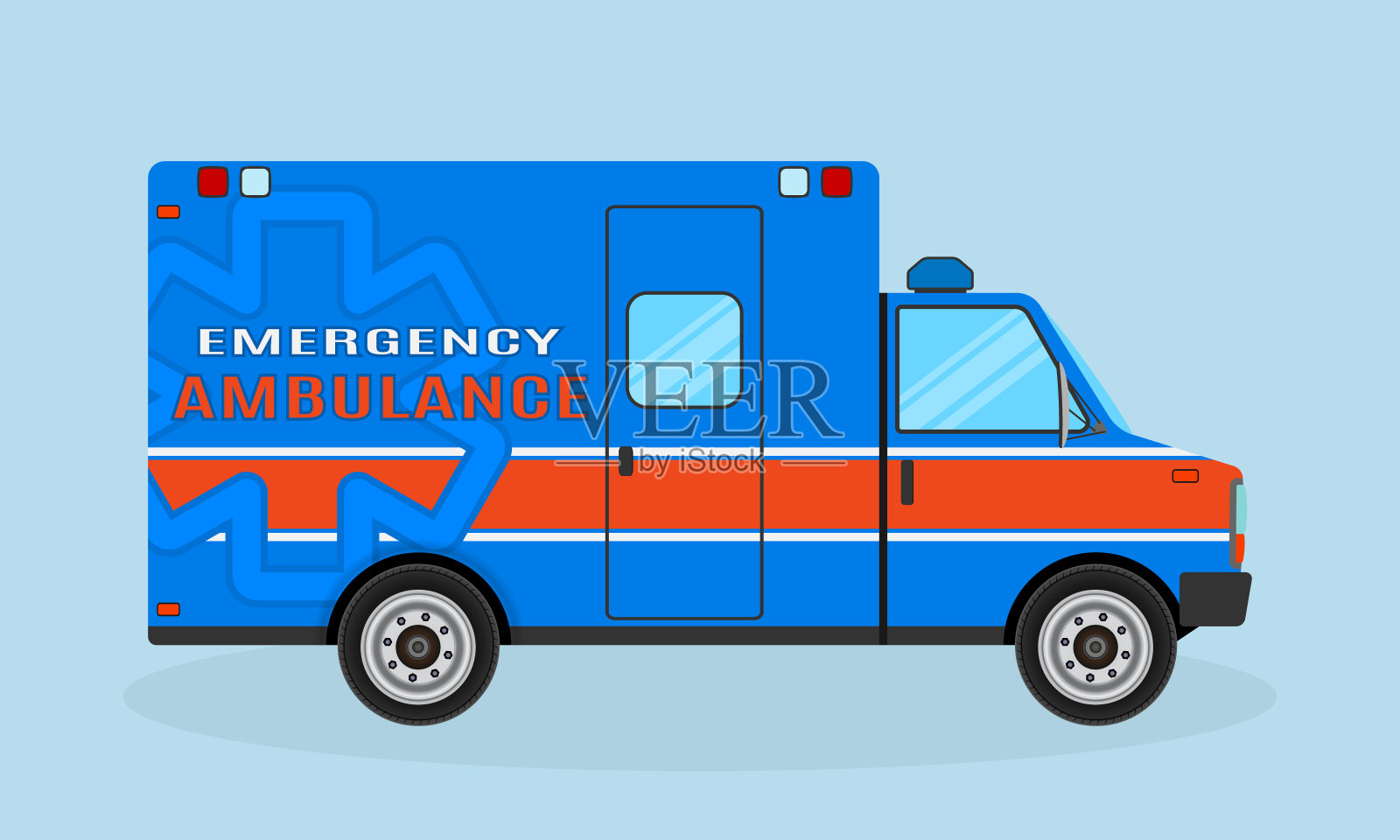 救护车侧视图。蓝色和橙色的紧急医疗服务车。医院交通。插画图片素材