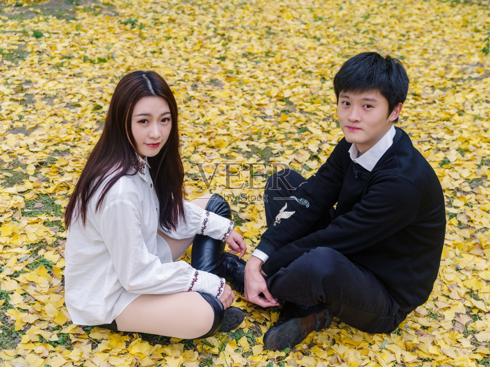 一对中国年轻人面对面坐在公园里铺满黄叶的地上，一起看着镜头，情侣概念。照片摄影图片
