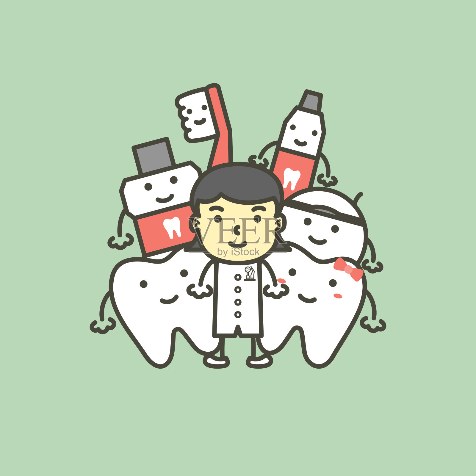 女性牙医和健康家庭牙齿的好朋友——牙科保健理念插画图片素材
