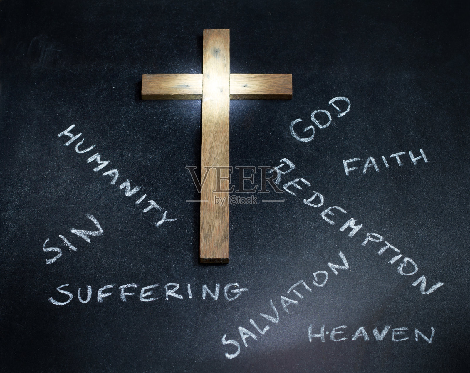 复活节十字架和黑板上的字抽象的宗教概念照片摄影图片