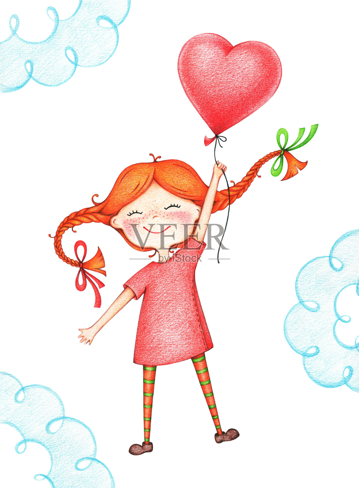 用彩色铅笔手绘了一幅小朋友拿着红气球飞翔的图画插画图片素材