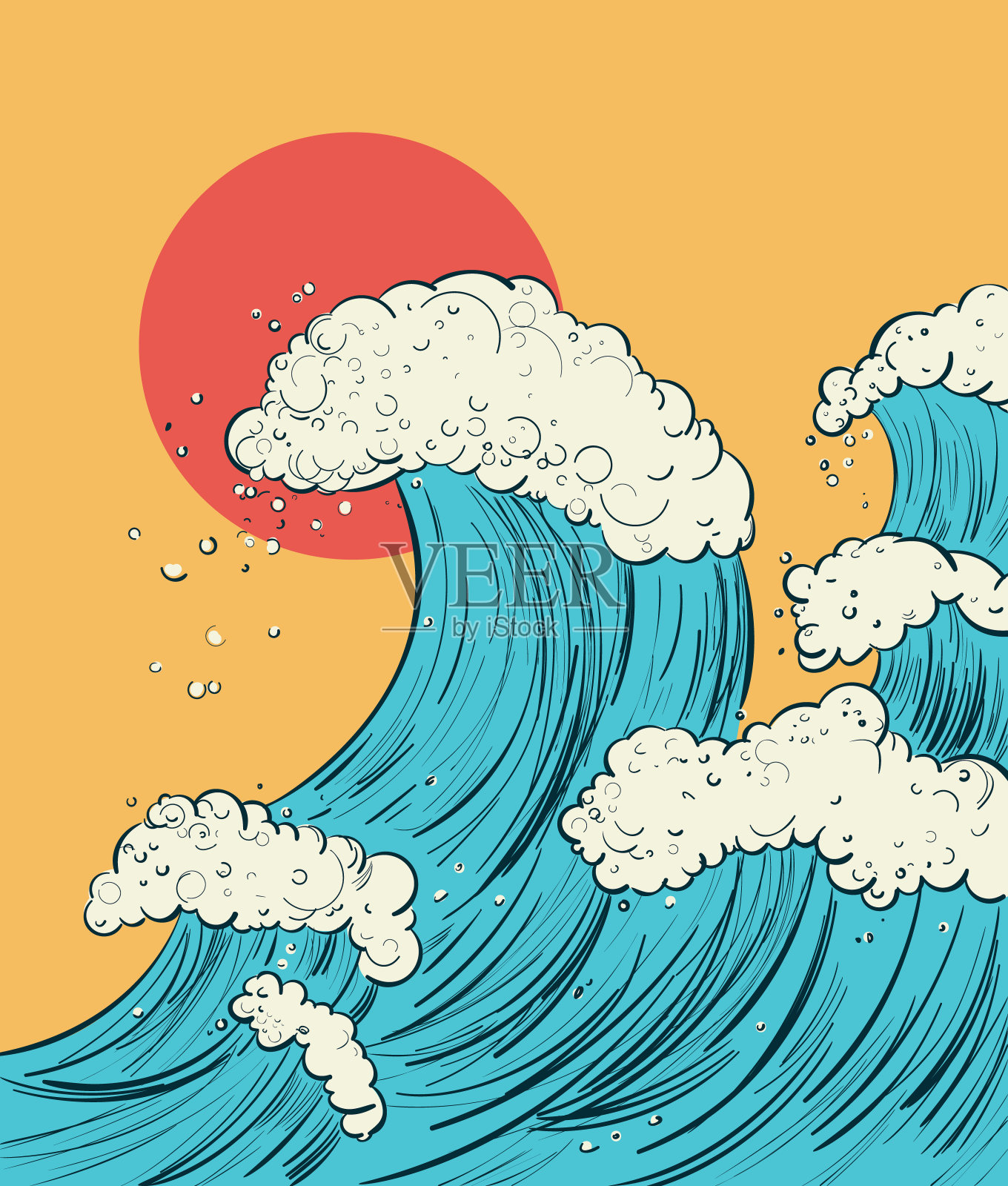 手绘一幅日式波浪的卡通插图。矢量数字绘画。插画图片素材