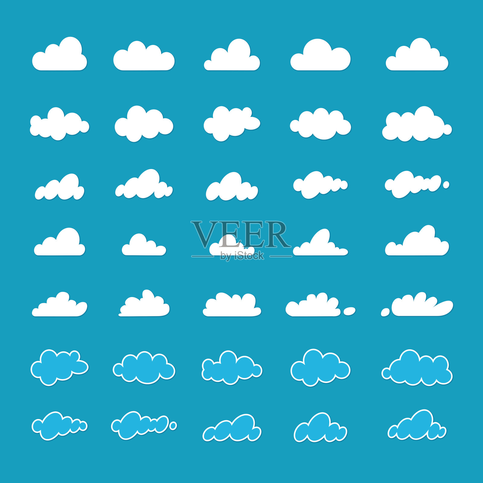 一套卡通的各种云孤立在蓝天背景，Cloudscape。矢量图标，插图，绘图的集合。网页设计插画图片素材