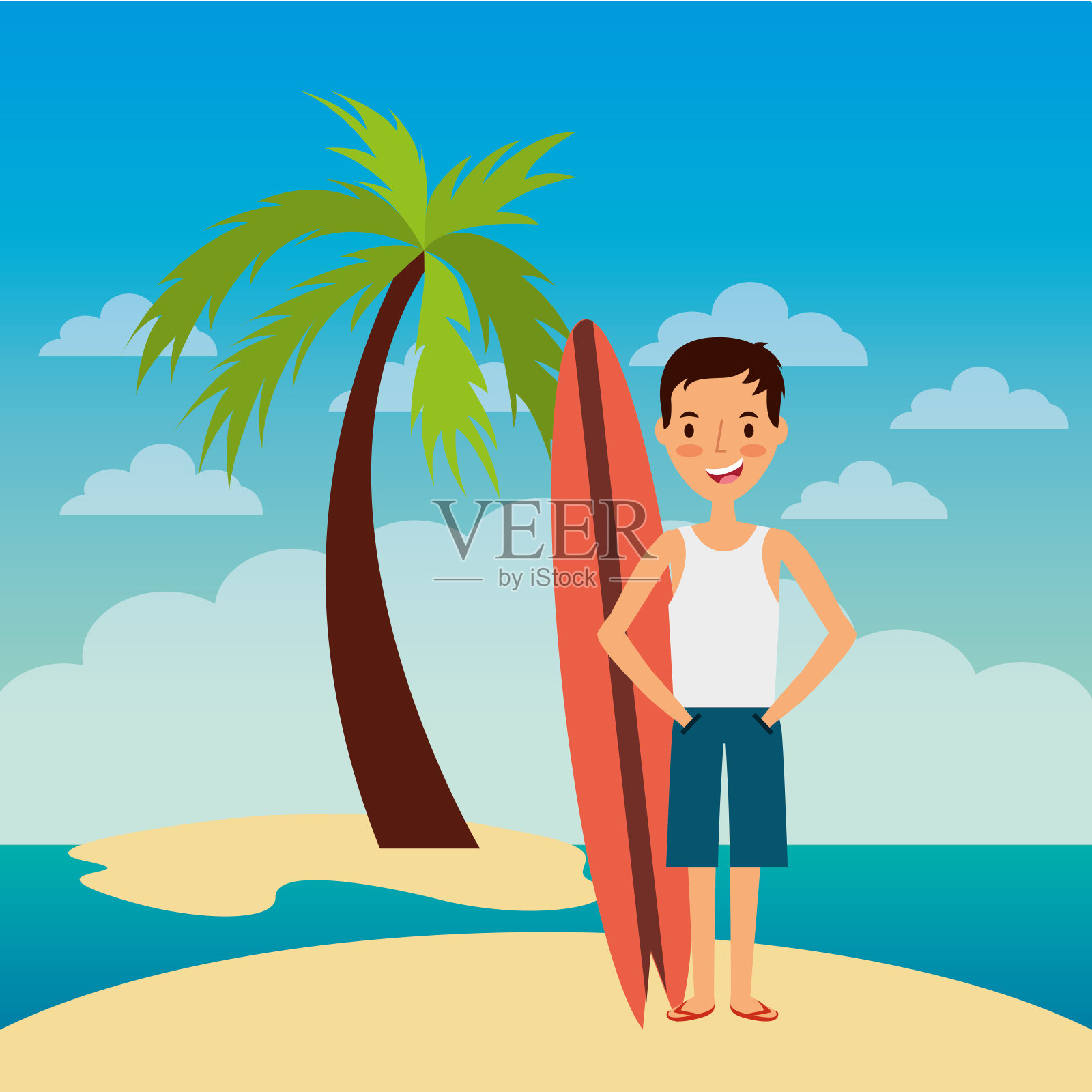 年轻人站在海滩冲浪板度假插画图片素材