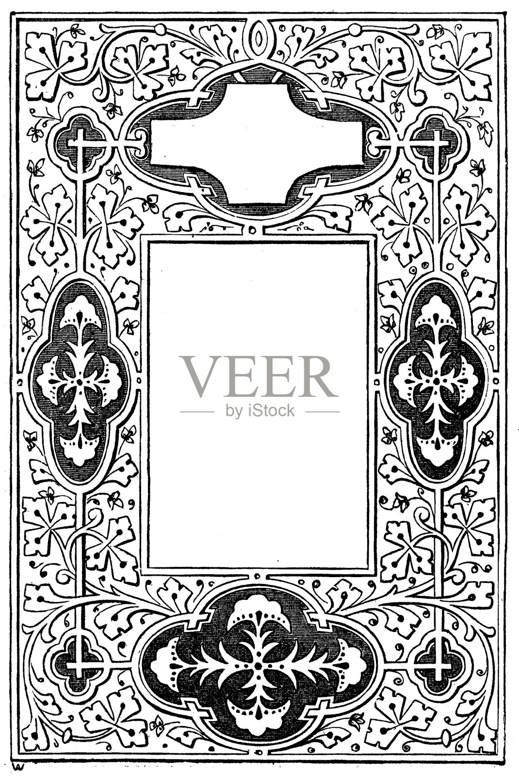 维多利亚黑白照明页框样式1月13日与空文本框;19世纪华丽的书页装饰1866年插画图片素材