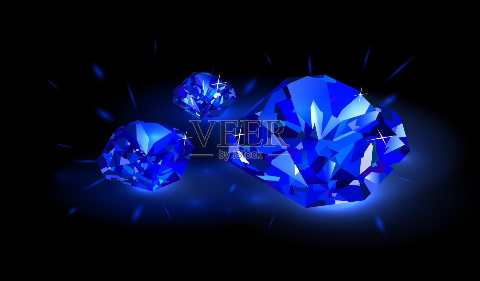 黑色背景上三颗明亮的蓝色钻石。矢量插图。插画图片素材