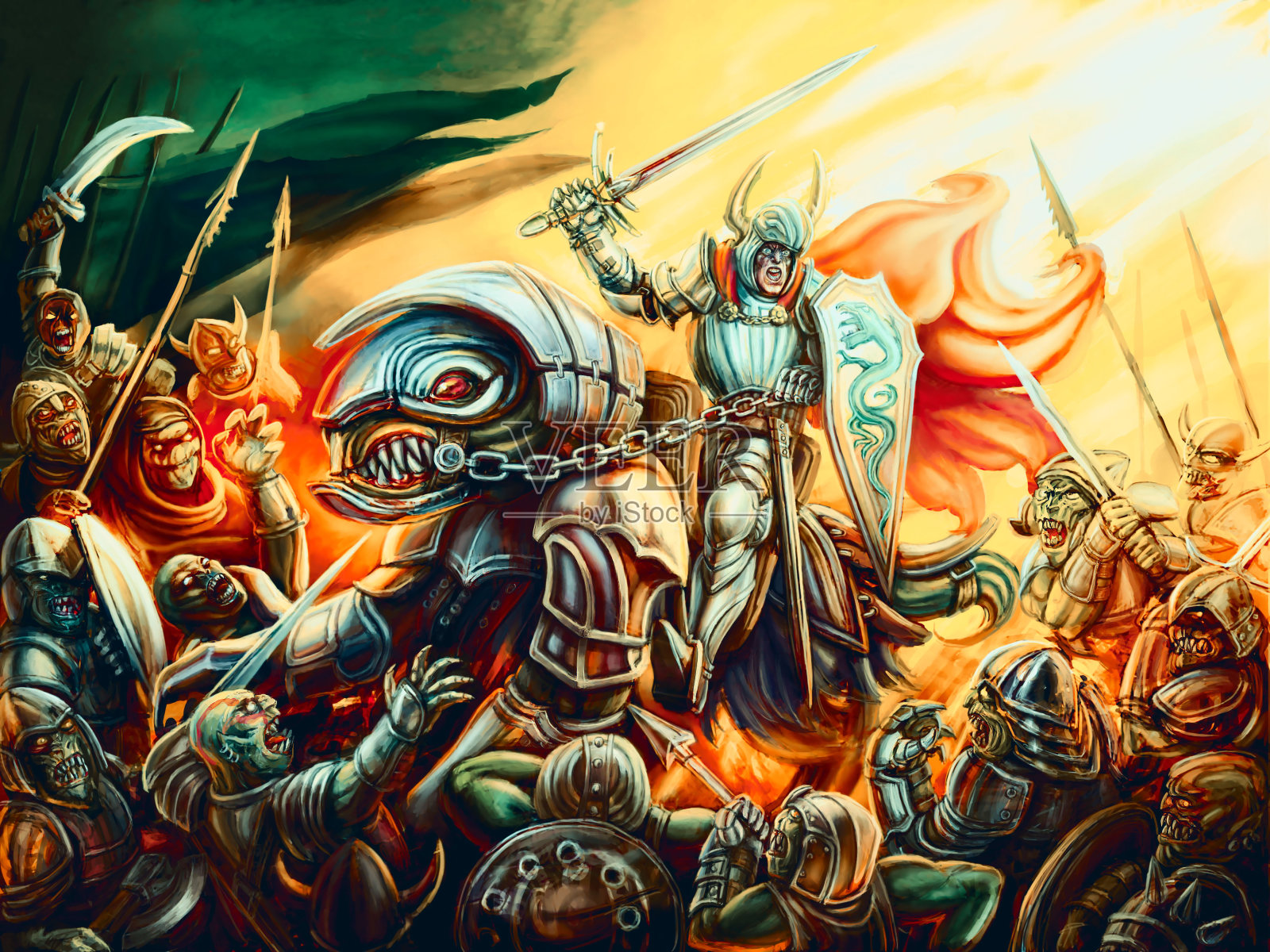 不败骑士保护世界不受地狱使者的伤害插画图片素材