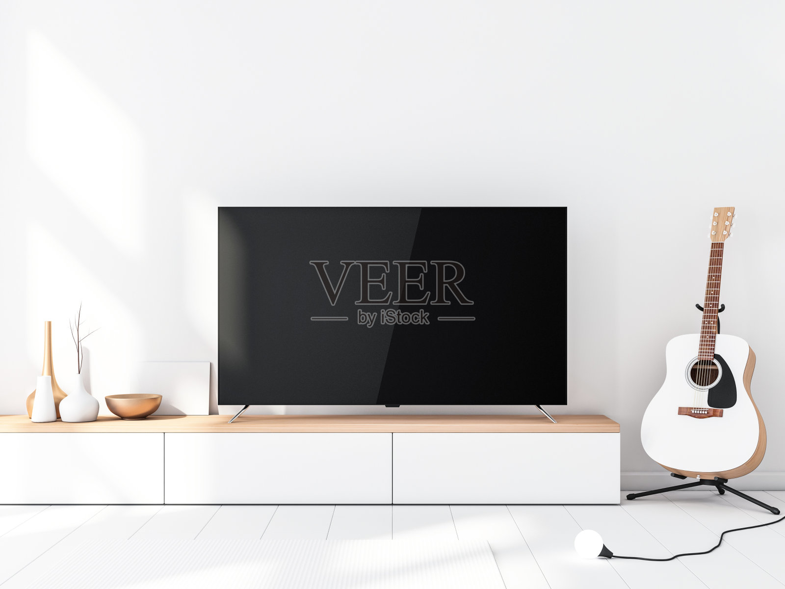 现代智能电视模型与空白黑屏站在控制台，现代客厅与原声吉他照片摄影图片