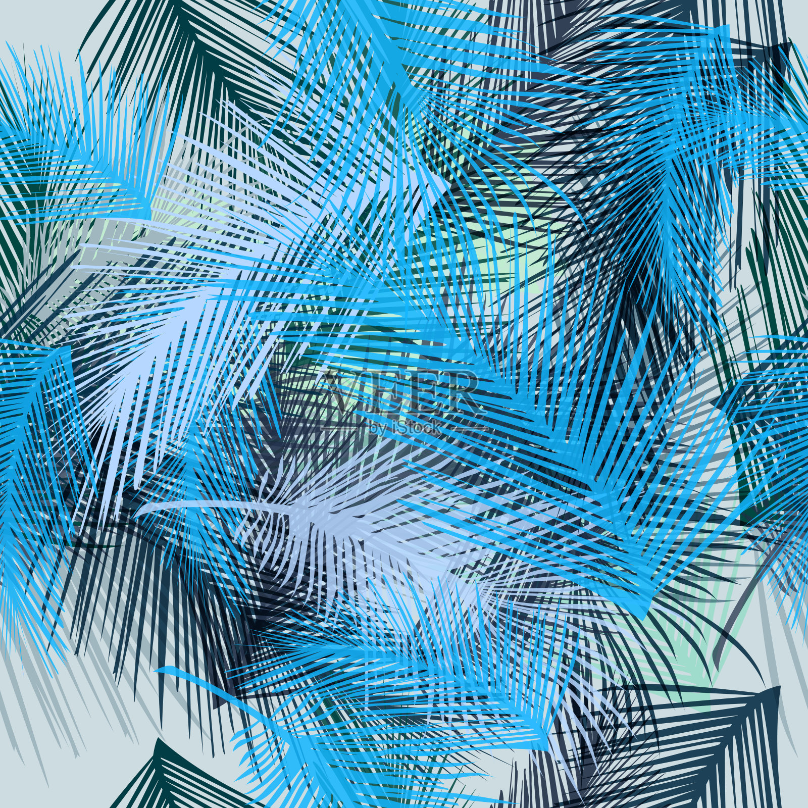 热带棕榈叶的图案。矢量蓝色织物蓝色壁纸设计插画图片素材
