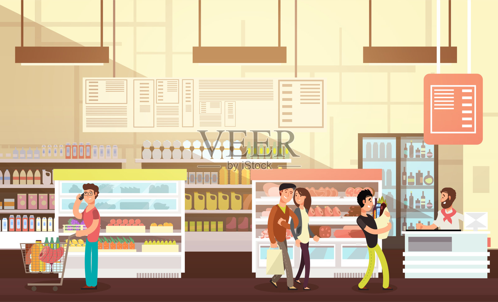 人们在杂货店购物。超市零售室内与客户平面矢量插图插画图片素材