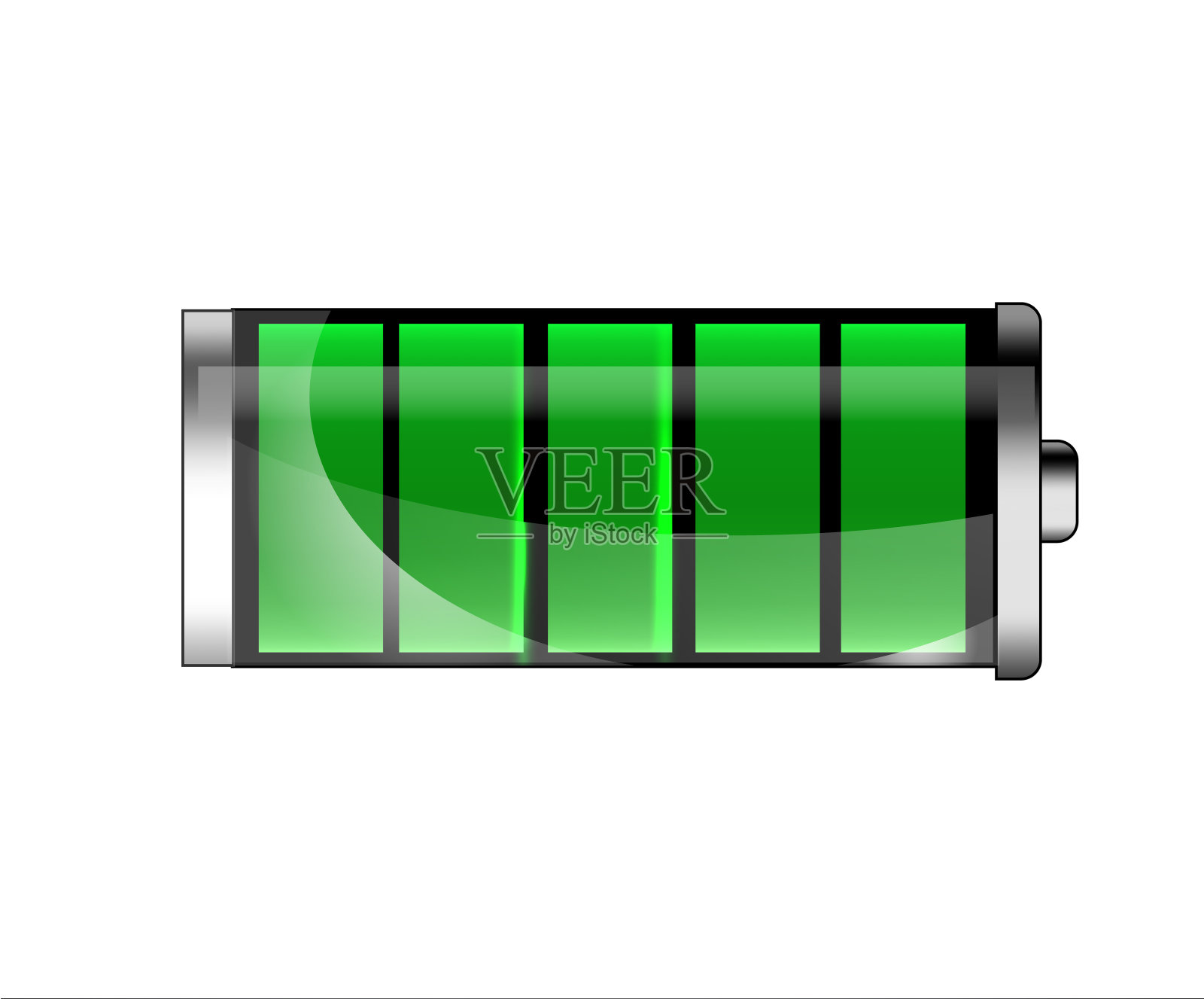 充电电池。充满电的电池。电池充电状态指示灯。玻璃现实动力绿色电池插图上的白色背景。满充，总放电。充电状态。向量设计元素图片