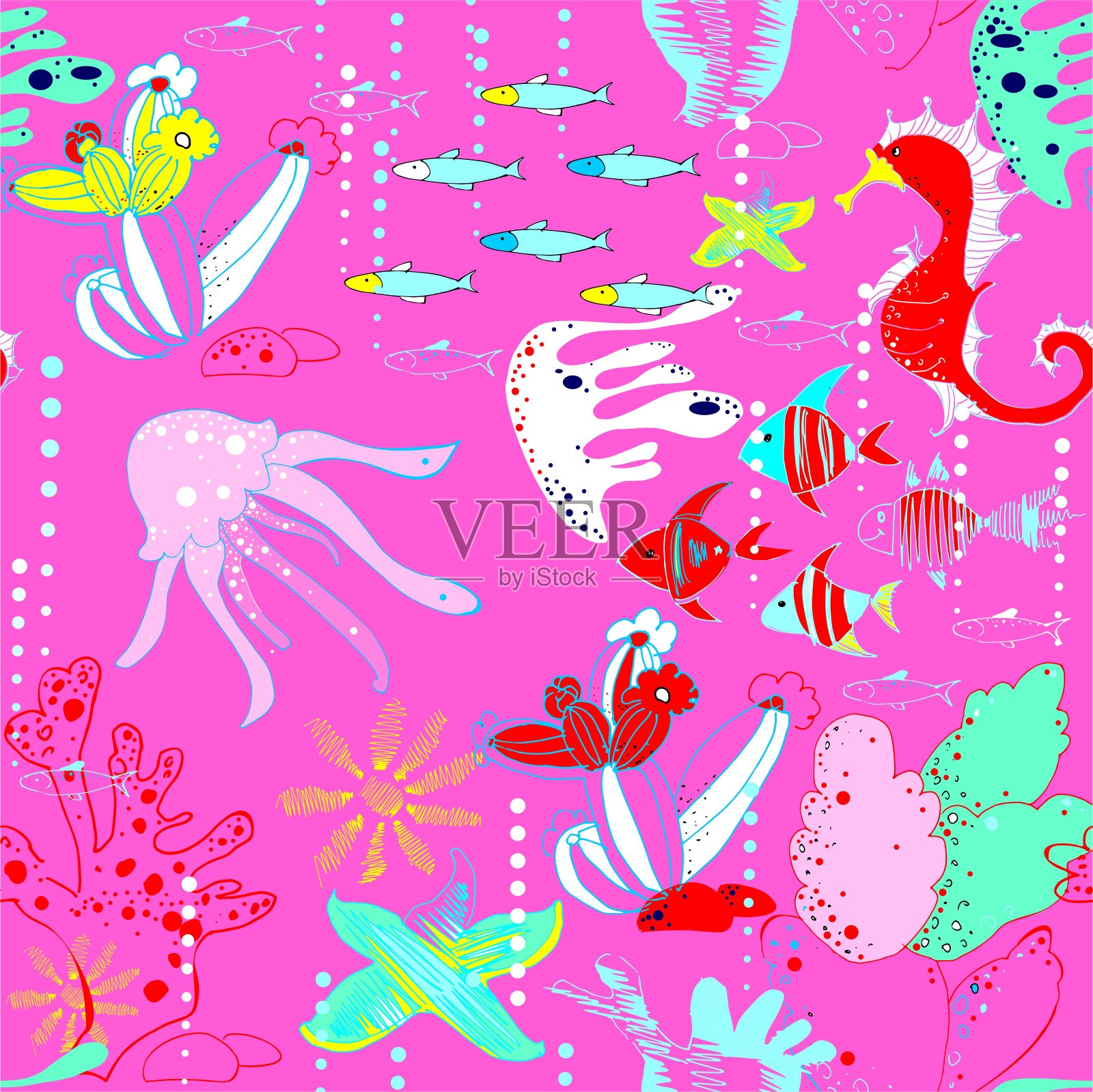 水下世界有鱼，水母，海马，海星，珊瑚，水道插画图片素材