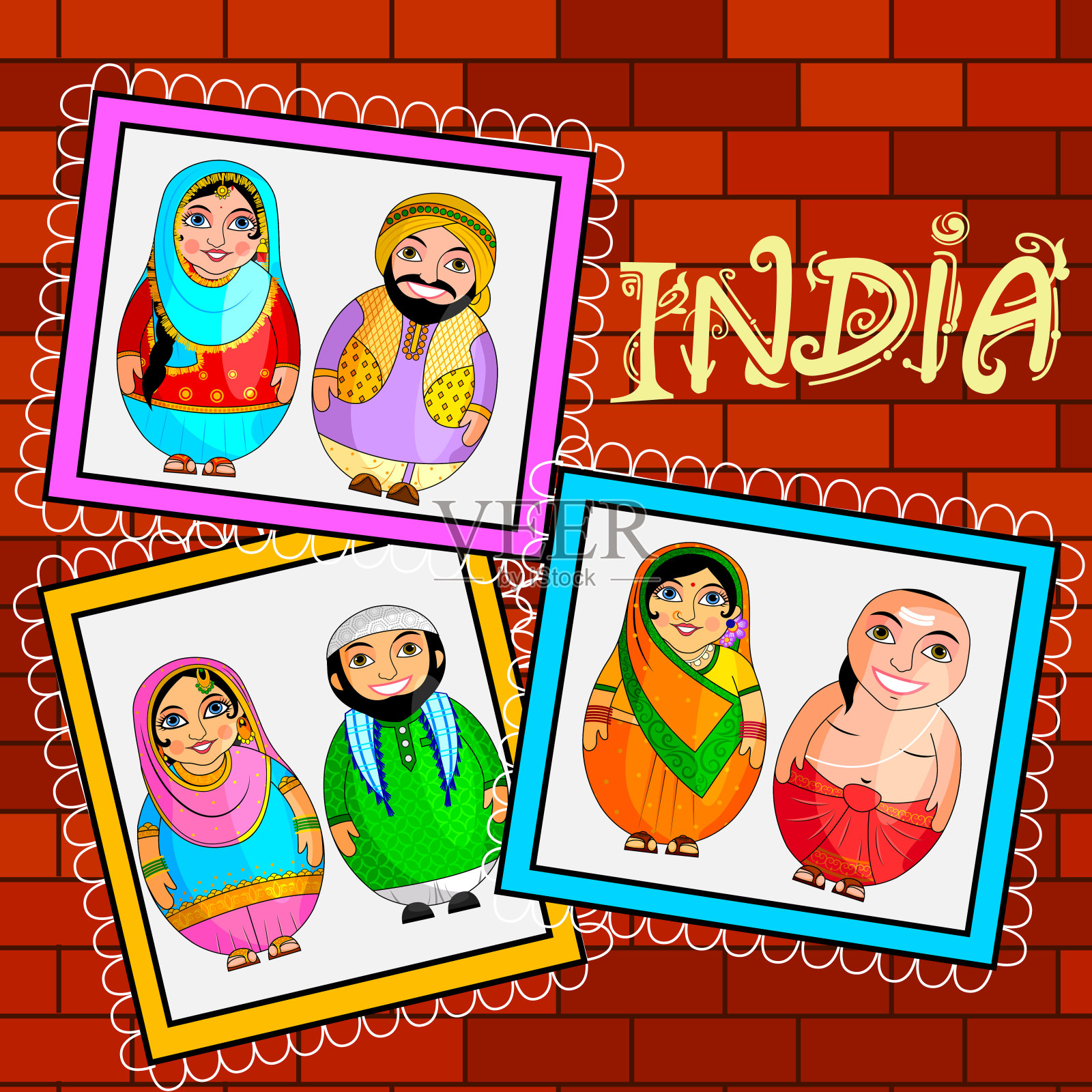 嵌套的娃娃印度夫妇代表来自不同国家的不同文化插画图片素材
