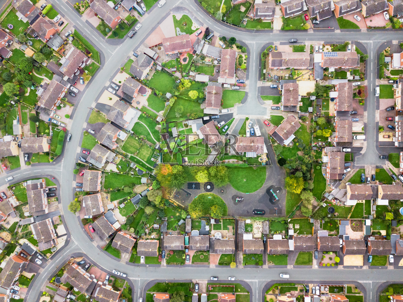英国传统住宅区鸟瞰图。照片摄影图片