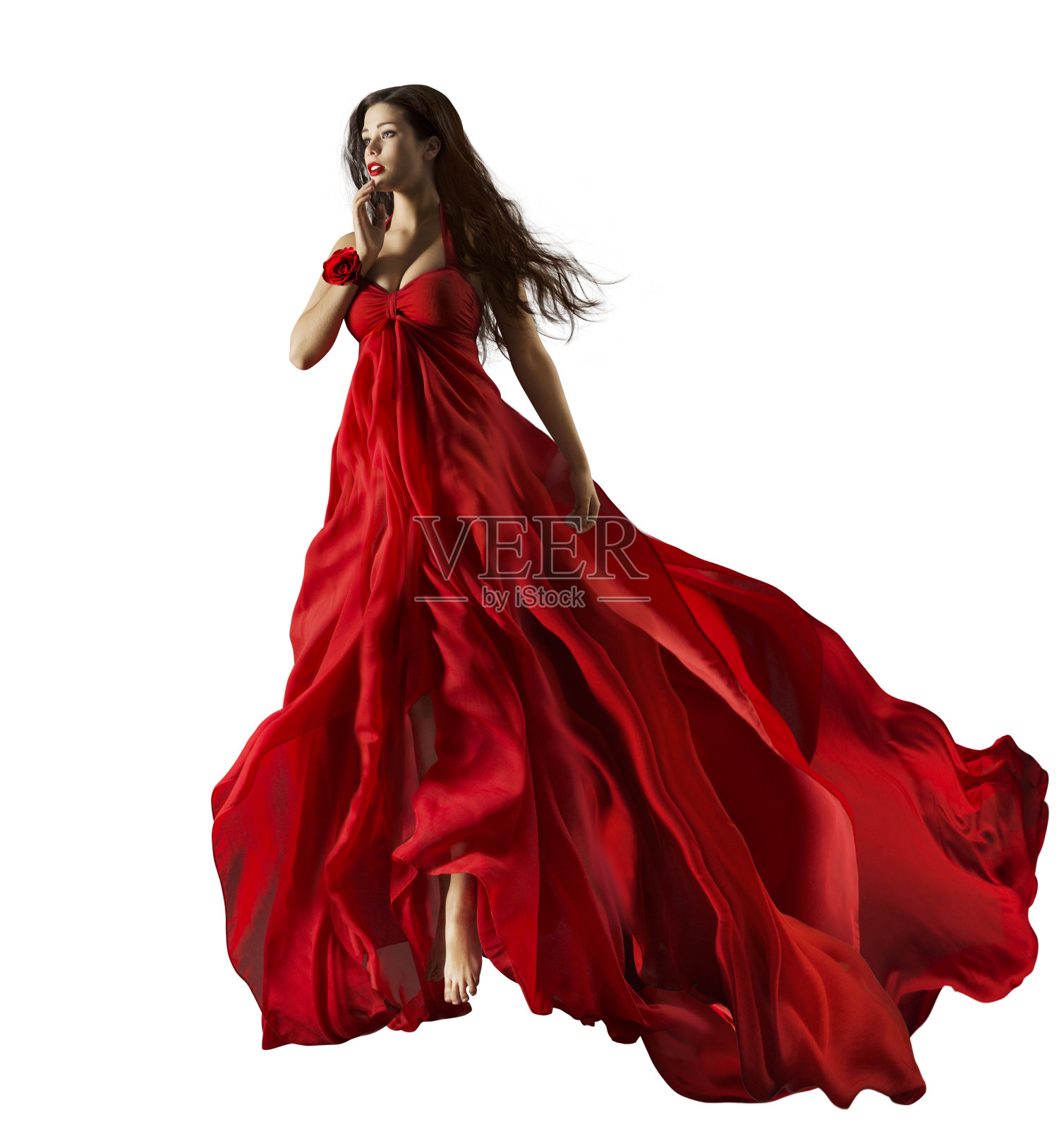 时尚模特在红色的裙子，美丽的女人肖像，挥舞长袍织物照片摄影图片