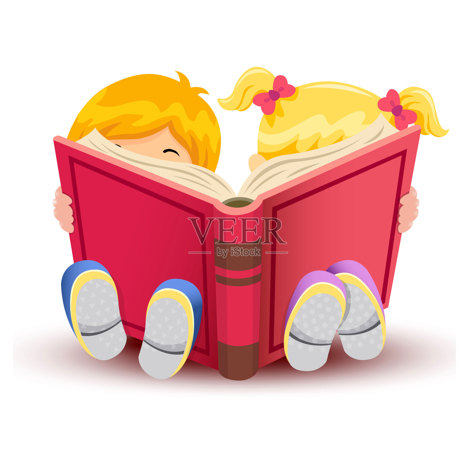 小男孩和小女孩在白色的背景下看书。插画图片素材