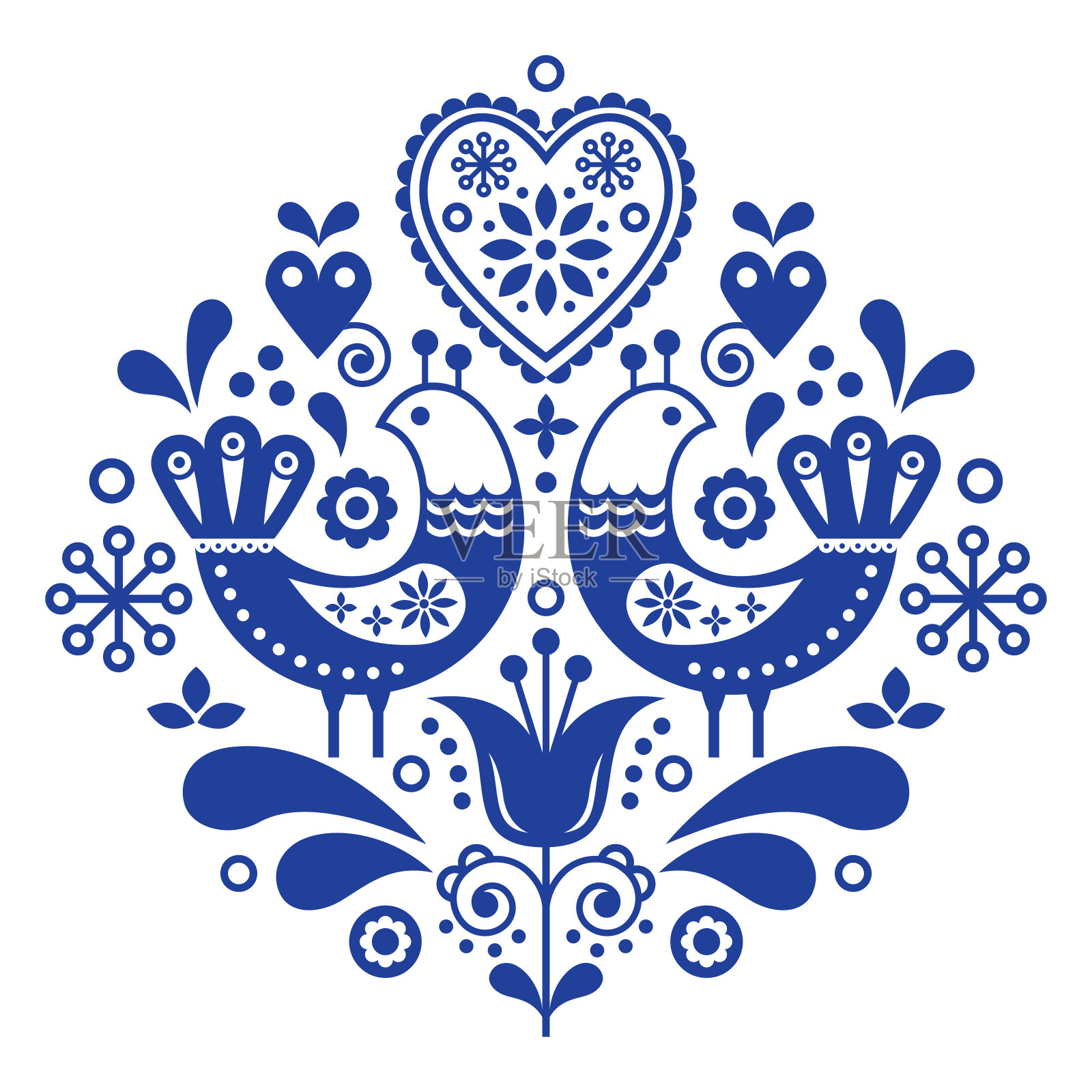 斯堪的纳维亚民间艺术图案与鸟和花，北欧花卉设计，复古的背景在海军蓝插画图片素材