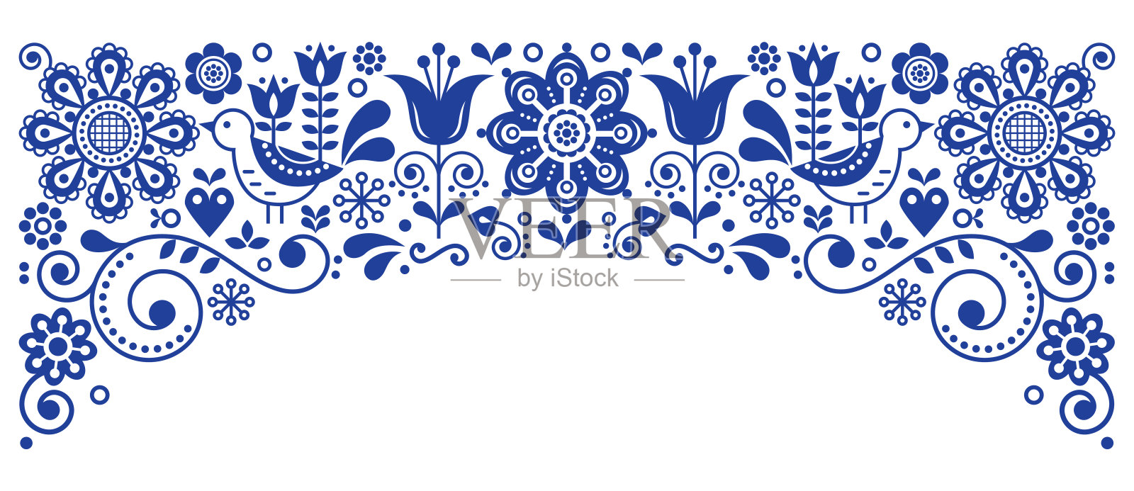 斯堪的纳维亚民间艺术框架边界复古向量贺卡设计，花卉海军蓝装饰与鸟和花插画图片素材