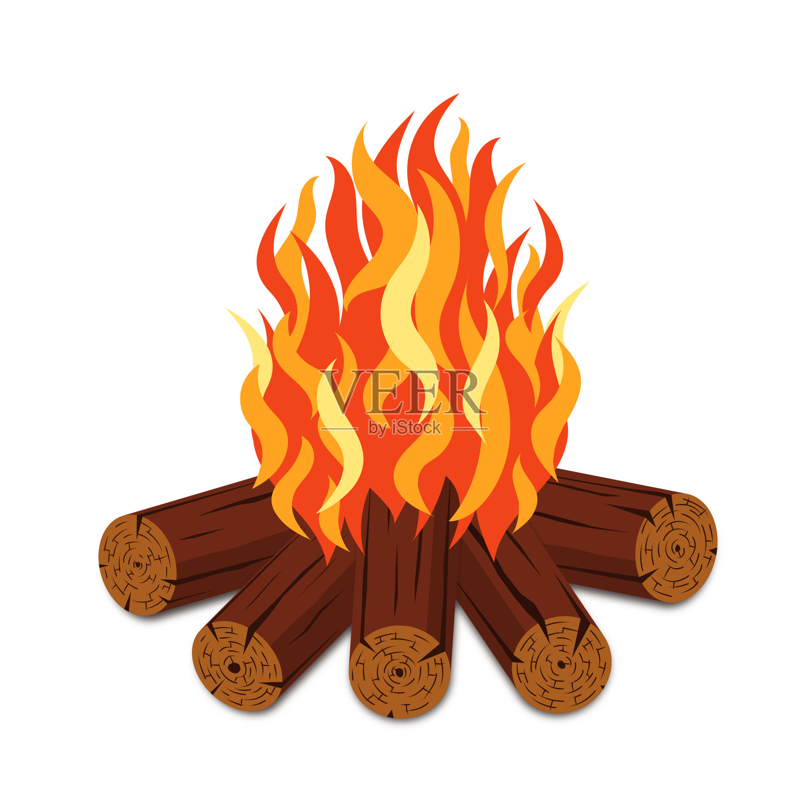 篝火与柴火和火焰火炬卡通风格。篝火与木头堆孤立的白色背景设计元素图片