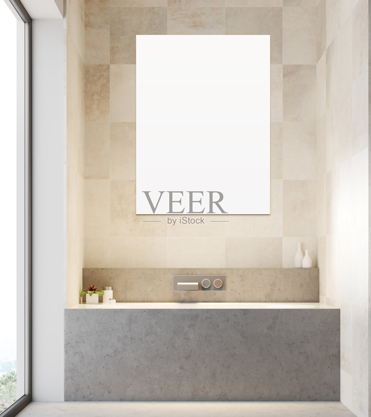 浴室内部铺着白色瓷砖，一个浴缸，一张海报照片摄影图片