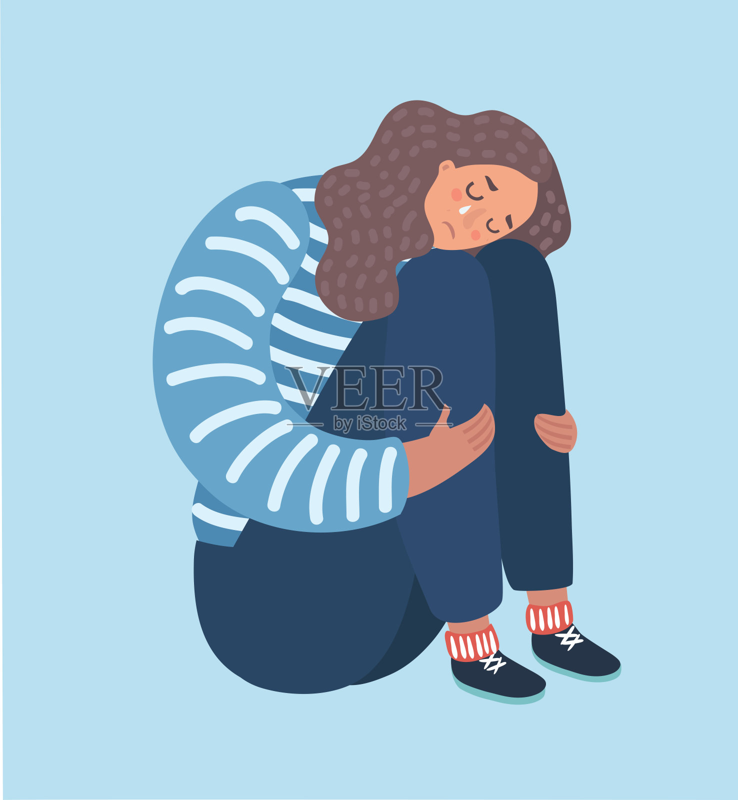 悲伤的女孩坐着，不高兴地抱着膝盖。插画图片素材