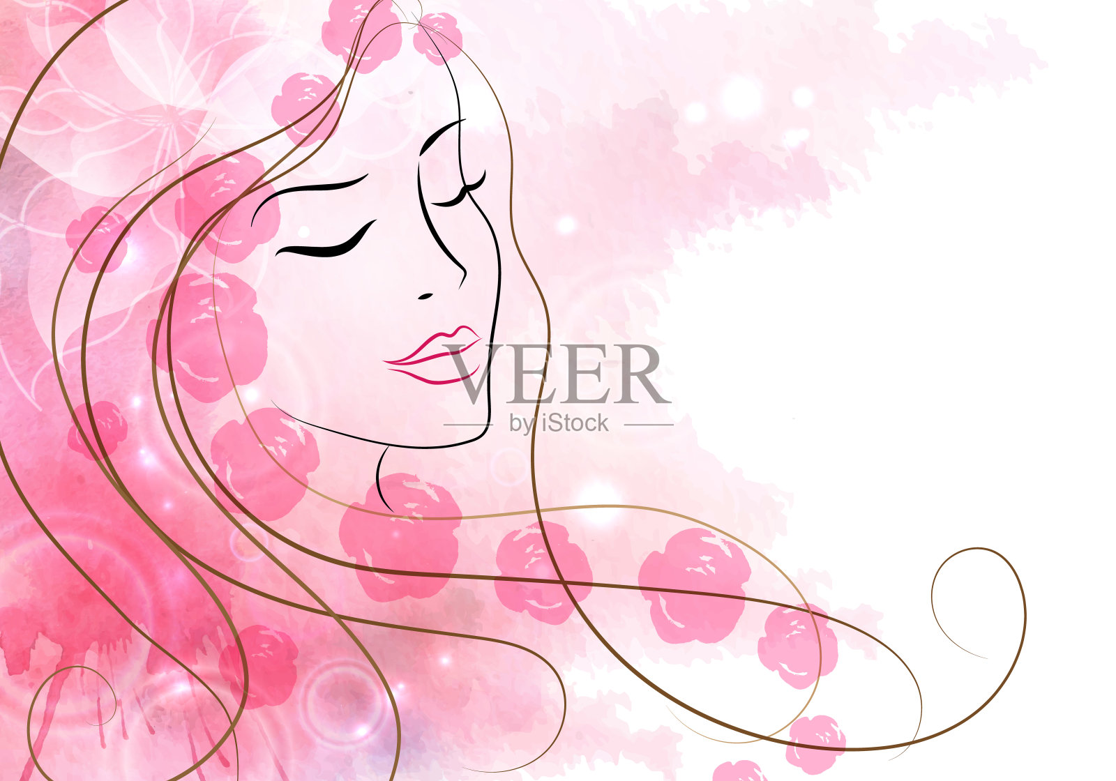 手持鲜花的漂亮女人。水彩粉红色背景。母亲节，三月八日，美丽，风采插画图片素材