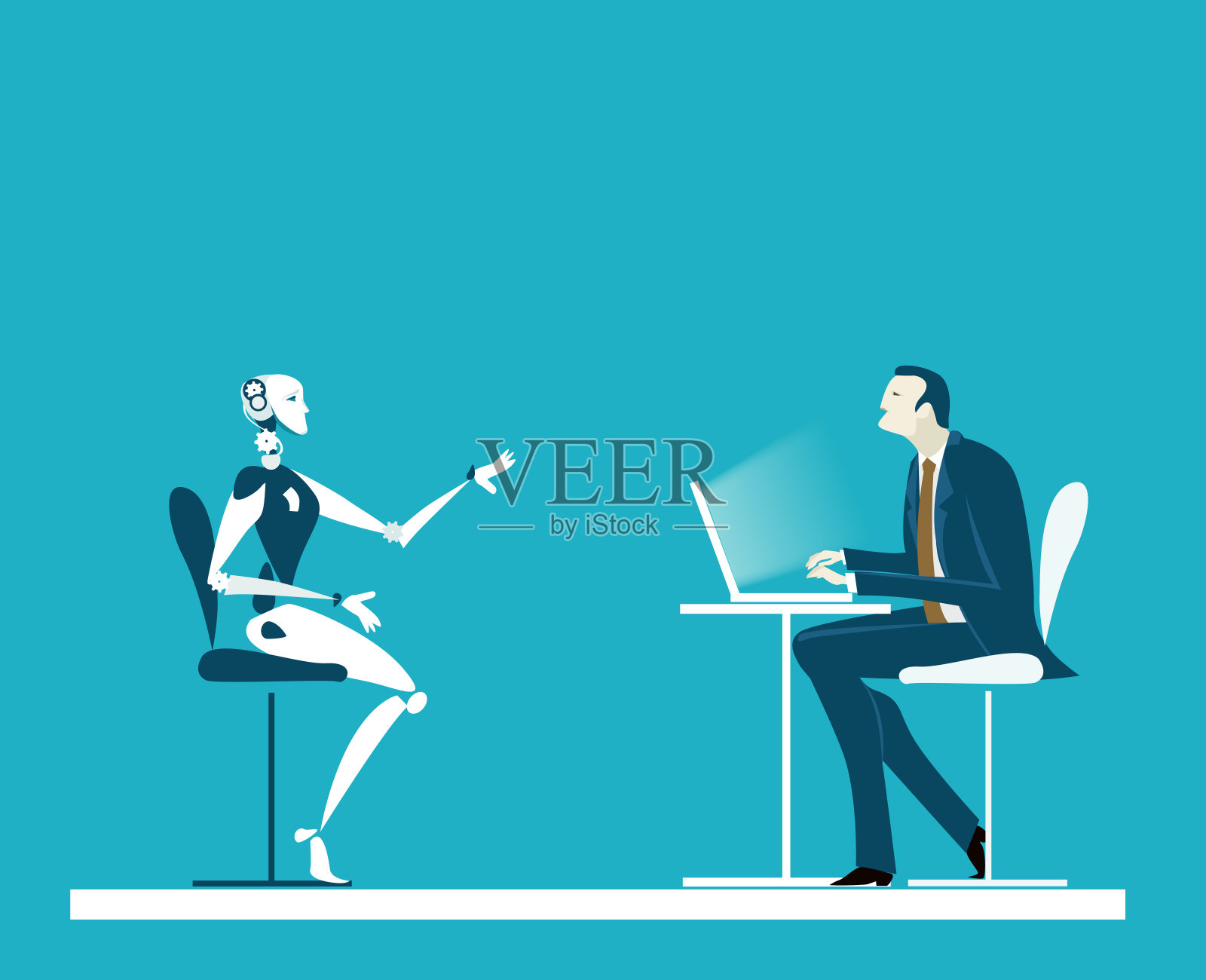 商人和机器人正在讨论。未来的现实，人工智能。人类和机器人。插画图片素材