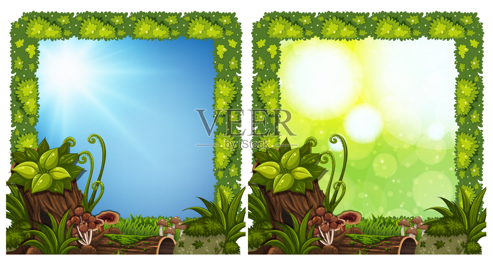 两种蘑菇和原木的框架设计插画图片素材