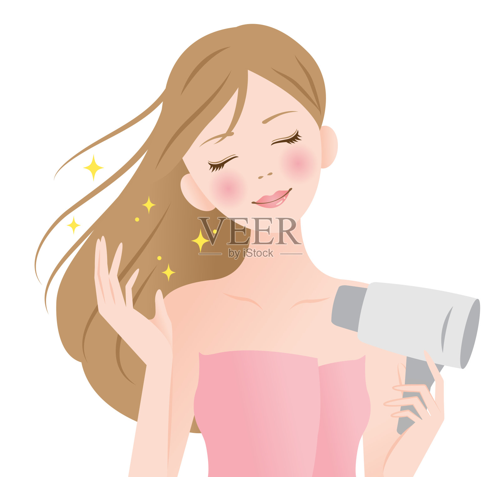 美丽的年轻女子用吹风机吹她的长发设计元素图片