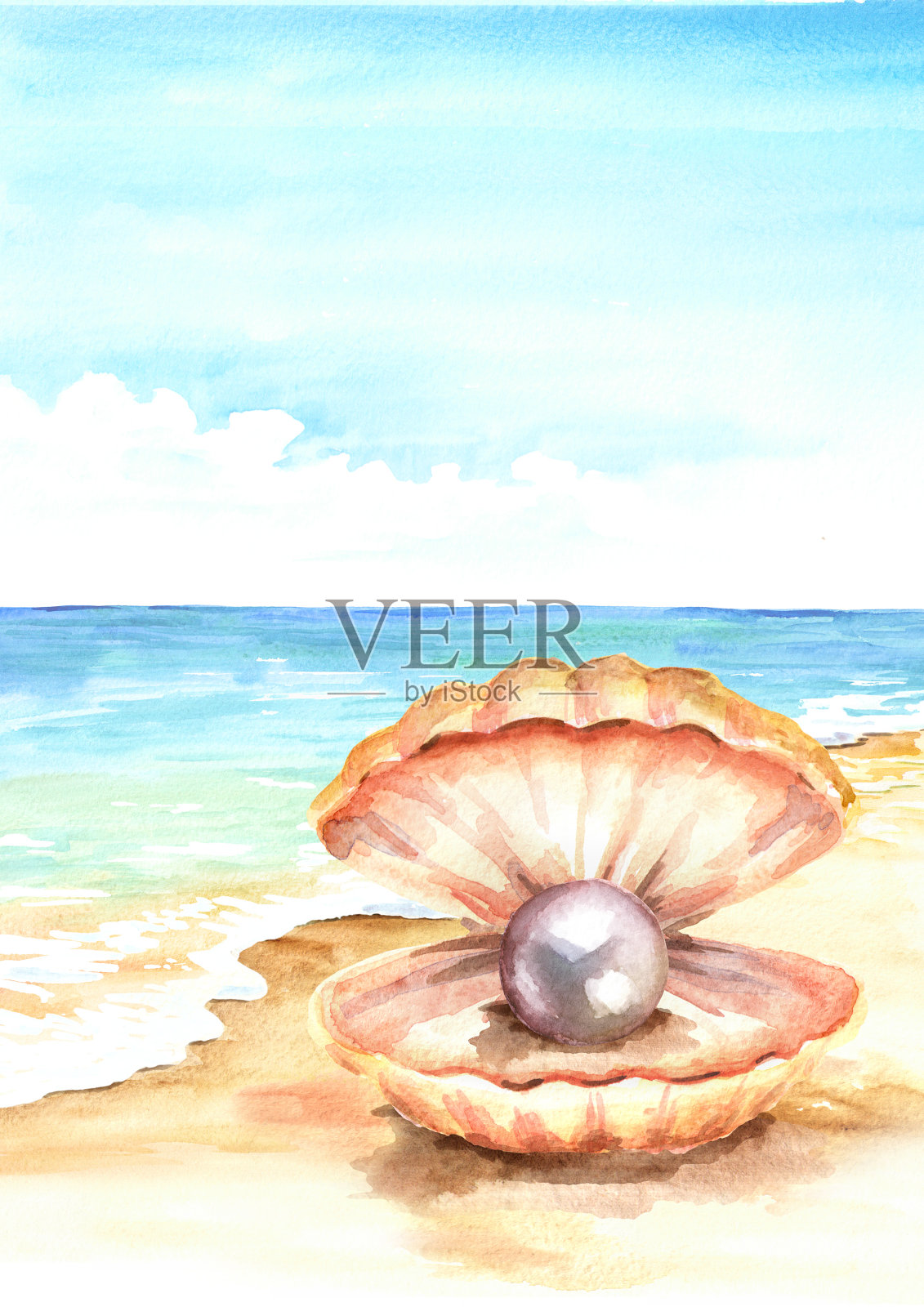 珍珠在贝壳里，夏日热带沙滩上带着金色的沙滩。手绘垂直水彩插图插画图片素材
