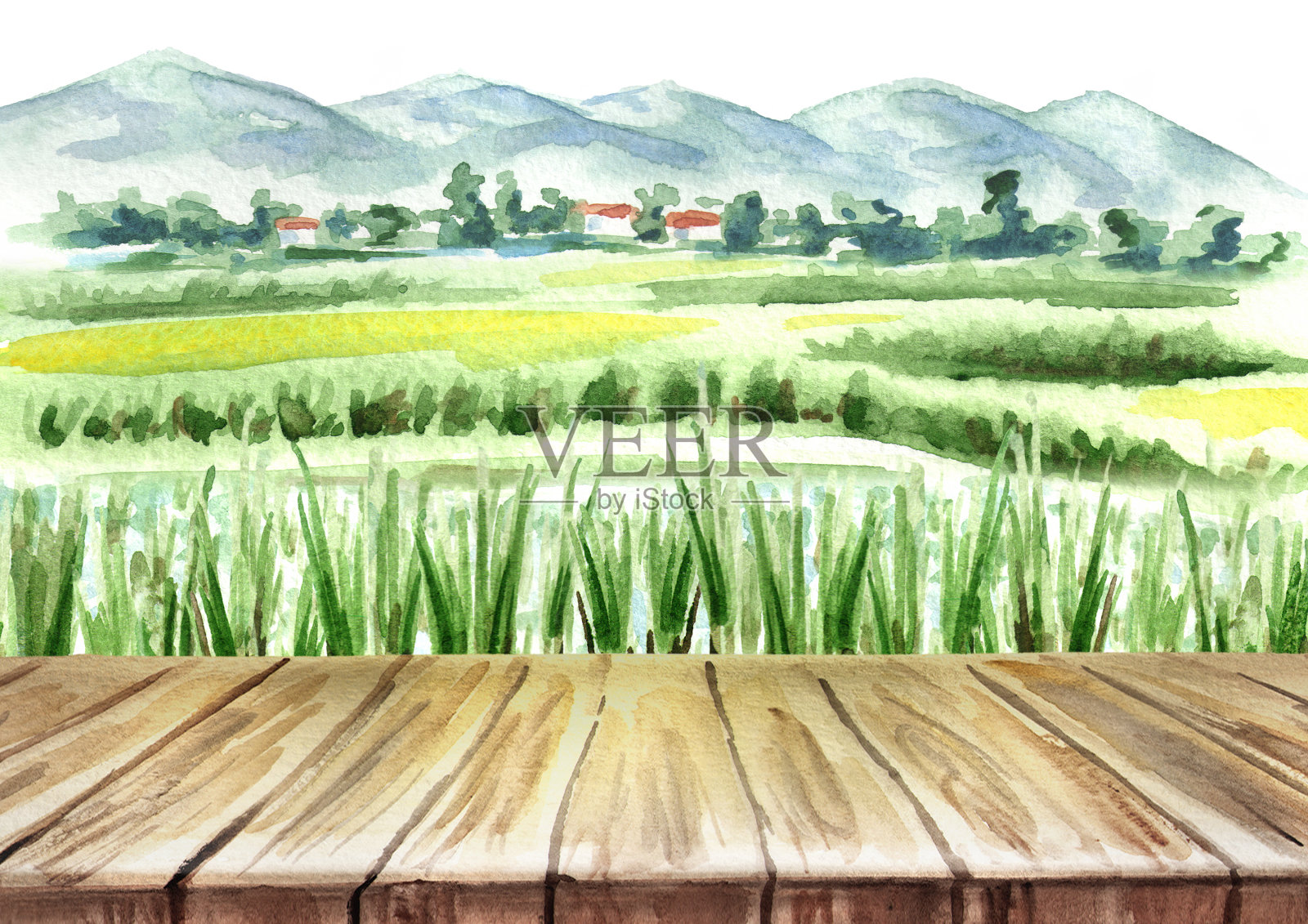 稻田和空表背景。水彩手绘插图插画图片素材