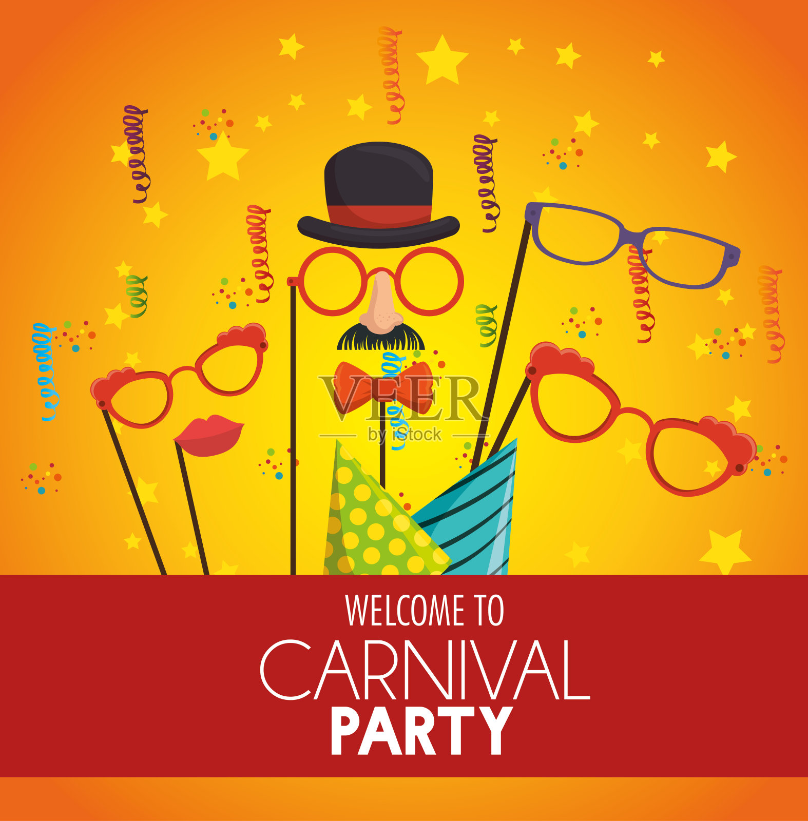 欢迎狂欢节派对面具绅士眼镜帽子五彩纸屑横幅插画图片素材