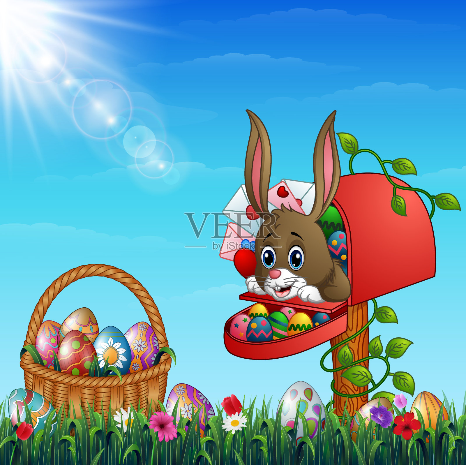 复活节兔子从邮筒里拿出装满复活节彩蛋的篮子，放在草地上插画图片素材