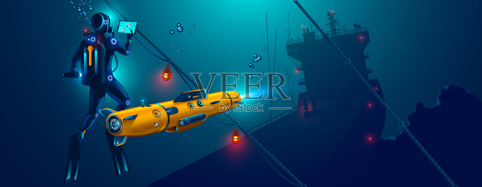 水下自主机器人探测海底。水下无人潜航器与潜水员探索沉船地点。插画图片素材