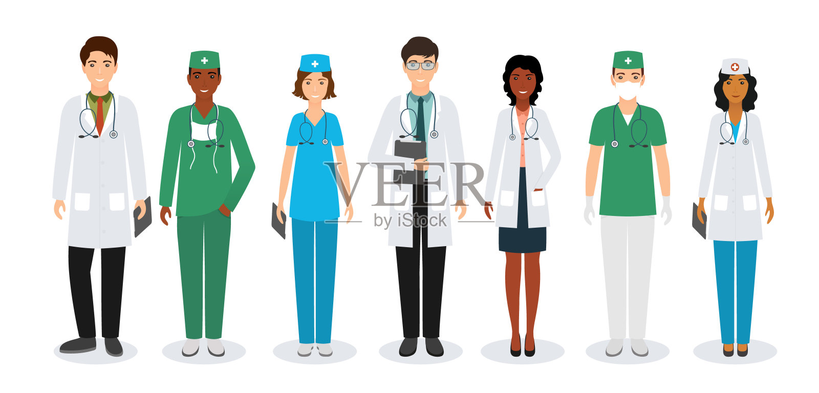 一群医务人员以不同的姿势站在一起。医生和护士。插画图片素材