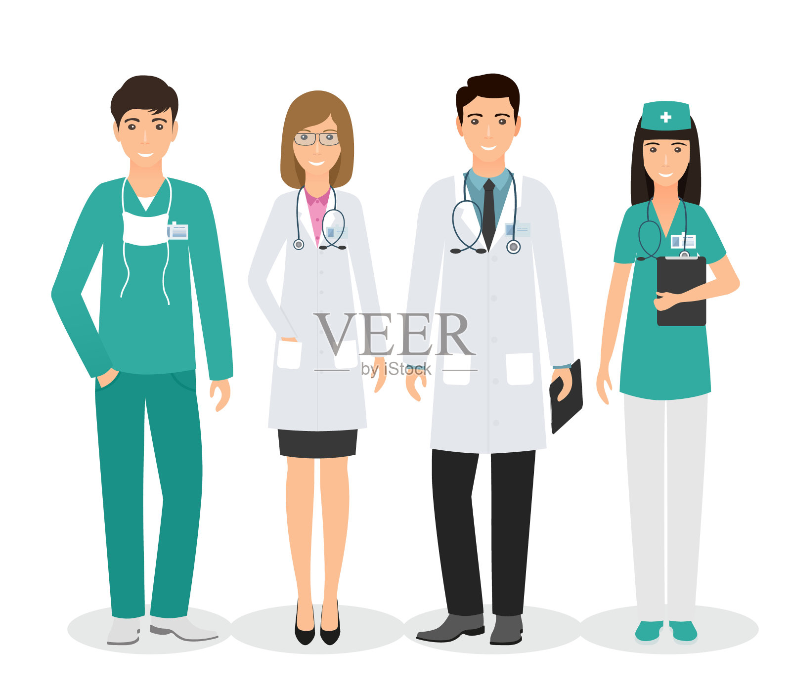 四名医务人员以不同姿势站在一起。医生和护士的背景是白色的。插画图片素材