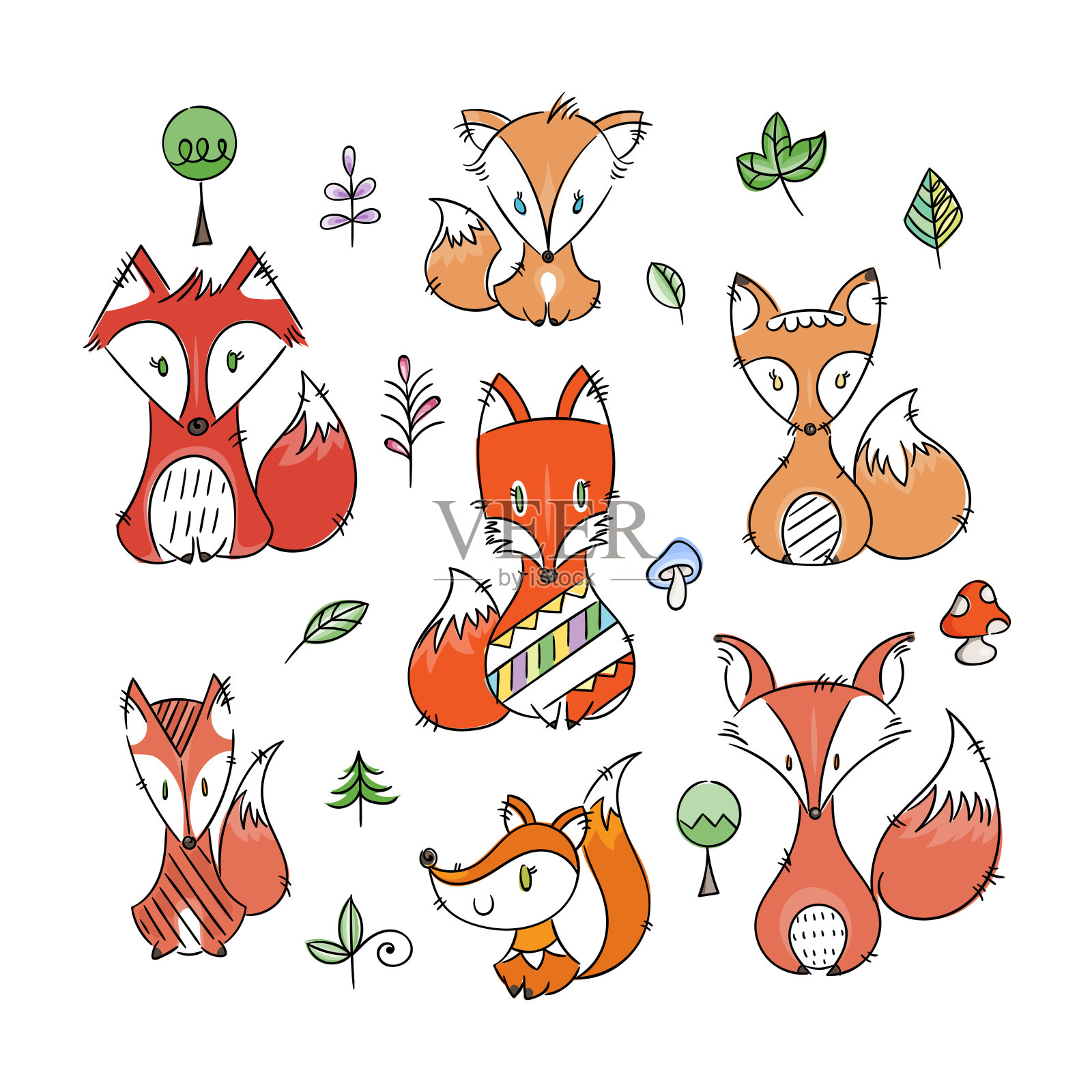 一套可爱的涂鸦狐狸在简单的平面风格设计元素图片