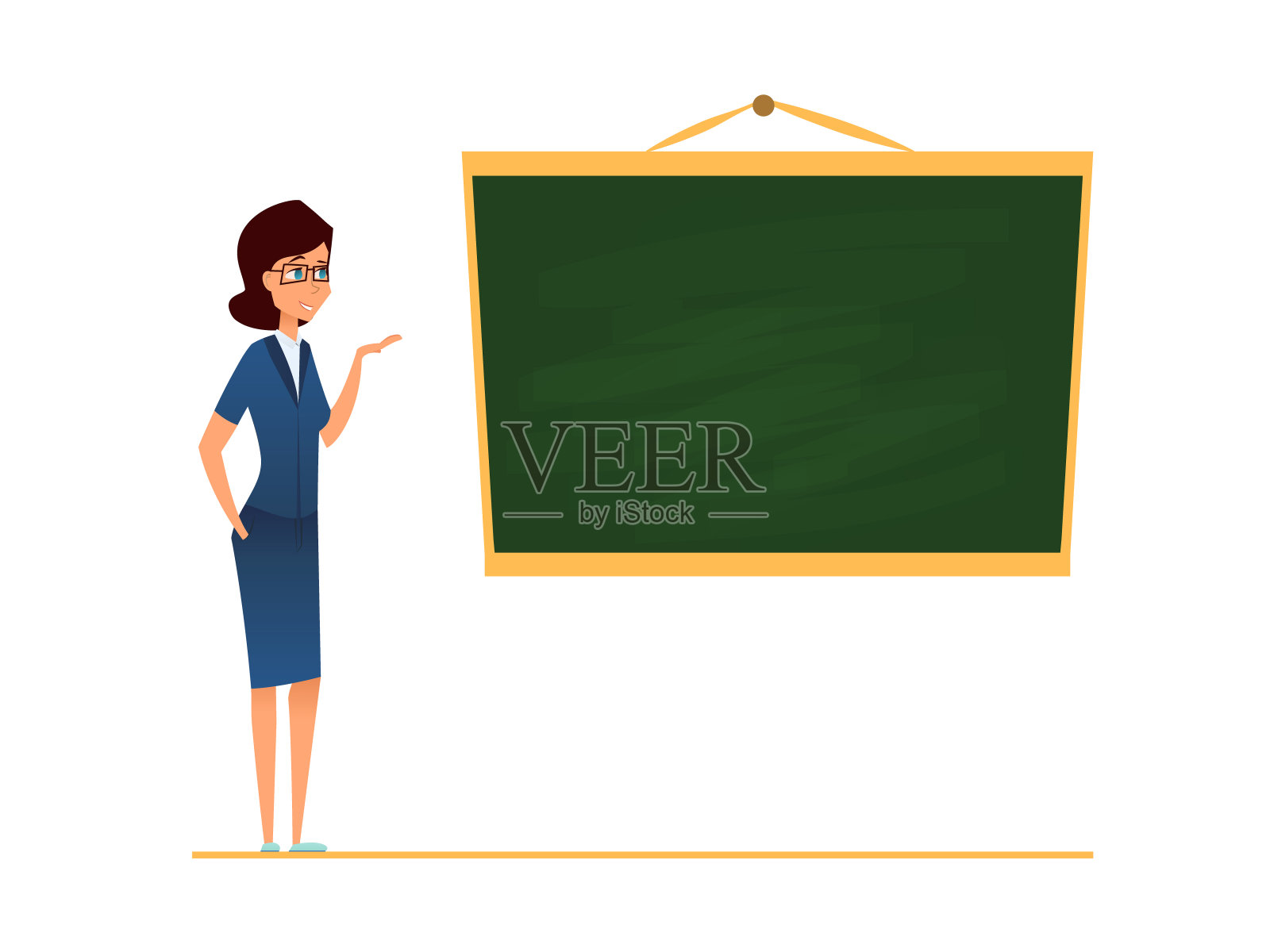 老师、导师或教练站在学校空白的黑板前。矢量插图。戴眼镜的女教练指着并展示或正在讲课插画图片素材