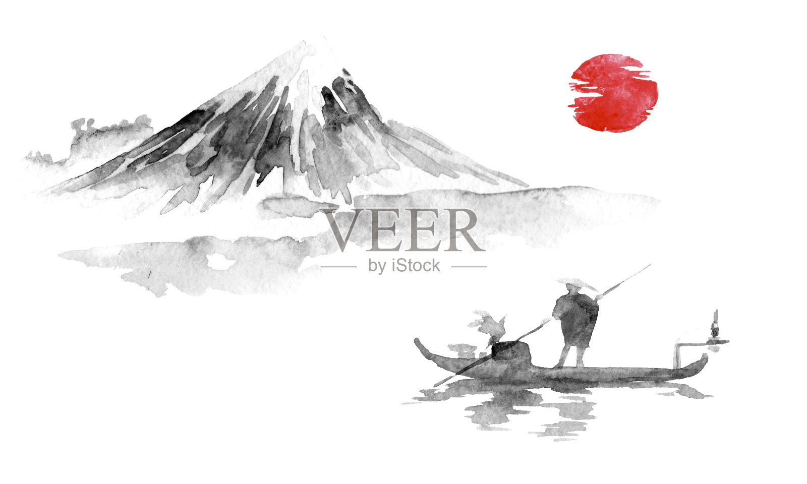 日本传统sumi-e画。墨汁插图。男人和船。山的风景。夕阳,黄昏。日本的照片。插画图片素材